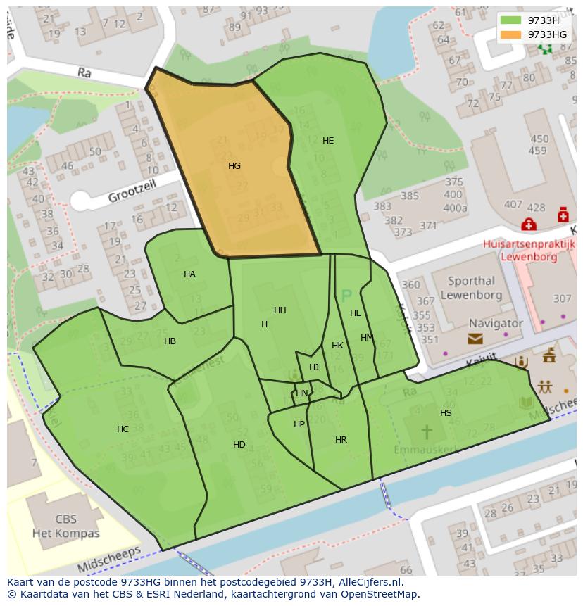Afbeelding van het postcodegebied 9733 HG op de kaart.