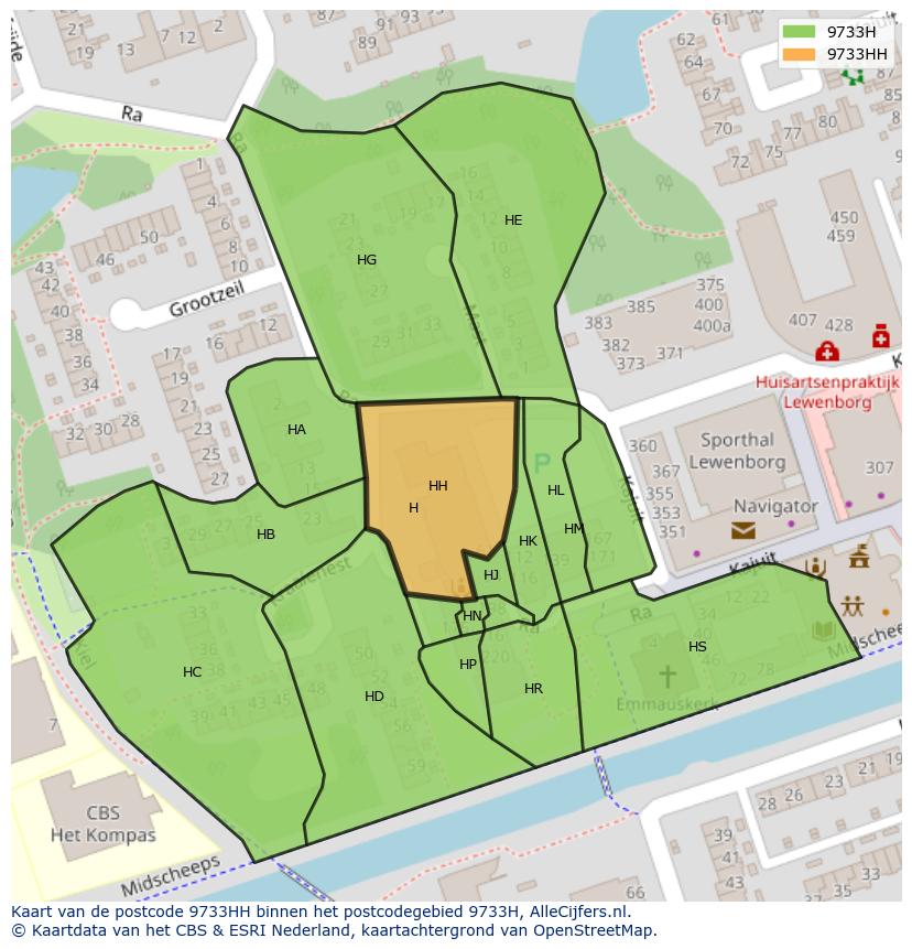 Afbeelding van het postcodegebied 9733 HH op de kaart.