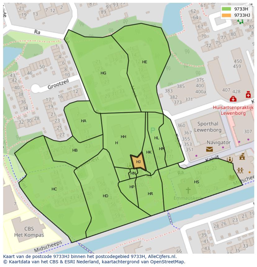 Afbeelding van het postcodegebied 9733 HJ op de kaart.