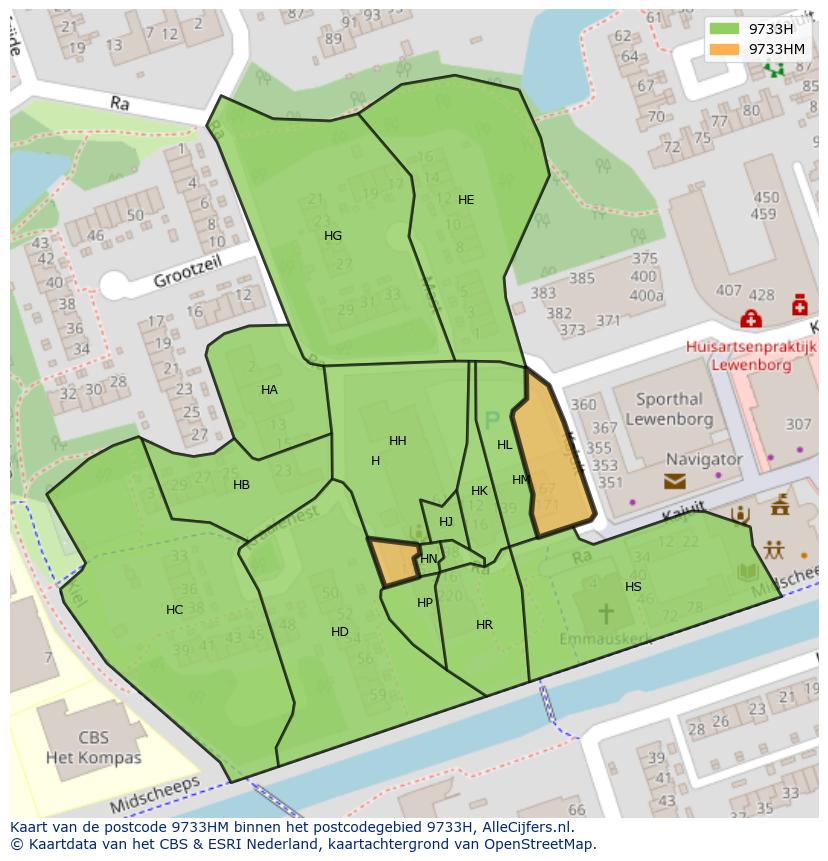 Afbeelding van het postcodegebied 9733 HM op de kaart.