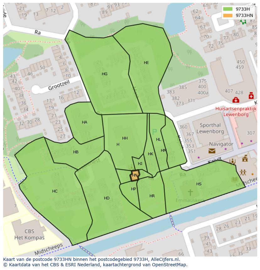Afbeelding van het postcodegebied 9733 HN op de kaart.