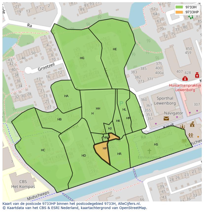 Afbeelding van het postcodegebied 9733 HP op de kaart.