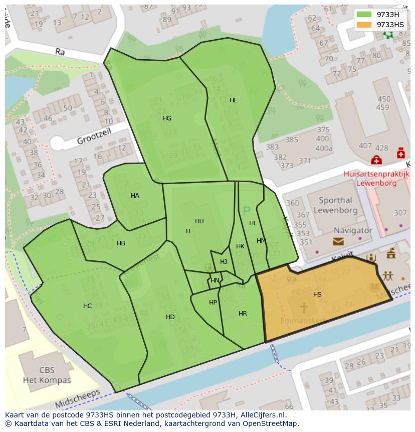 Afbeelding van het postcodegebied 9733 HS op de kaart.