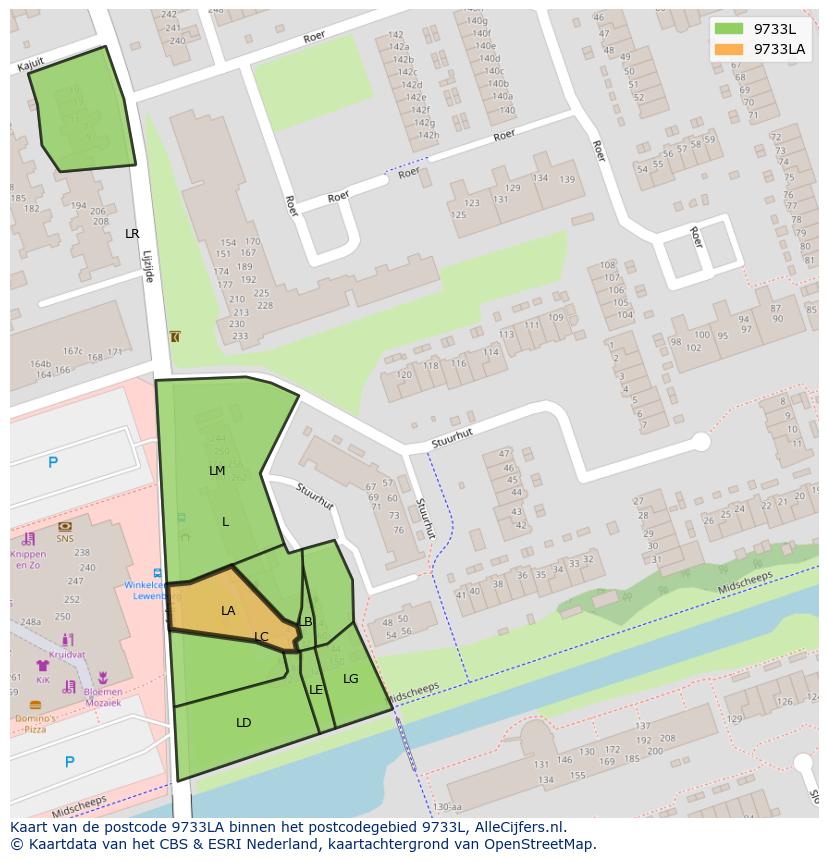 Afbeelding van het postcodegebied 9733 LA op de kaart.