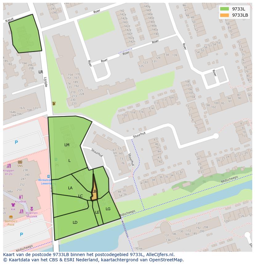 Afbeelding van het postcodegebied 9733 LB op de kaart.