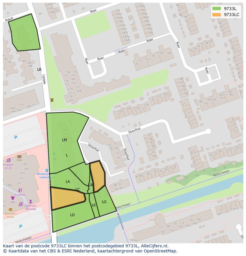 Afbeelding van het postcodegebied 9733 LC op de kaart.