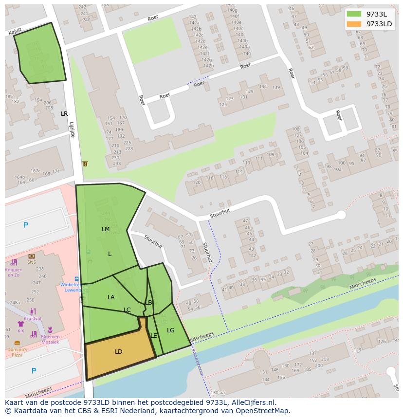 Afbeelding van het postcodegebied 9733 LD op de kaart.