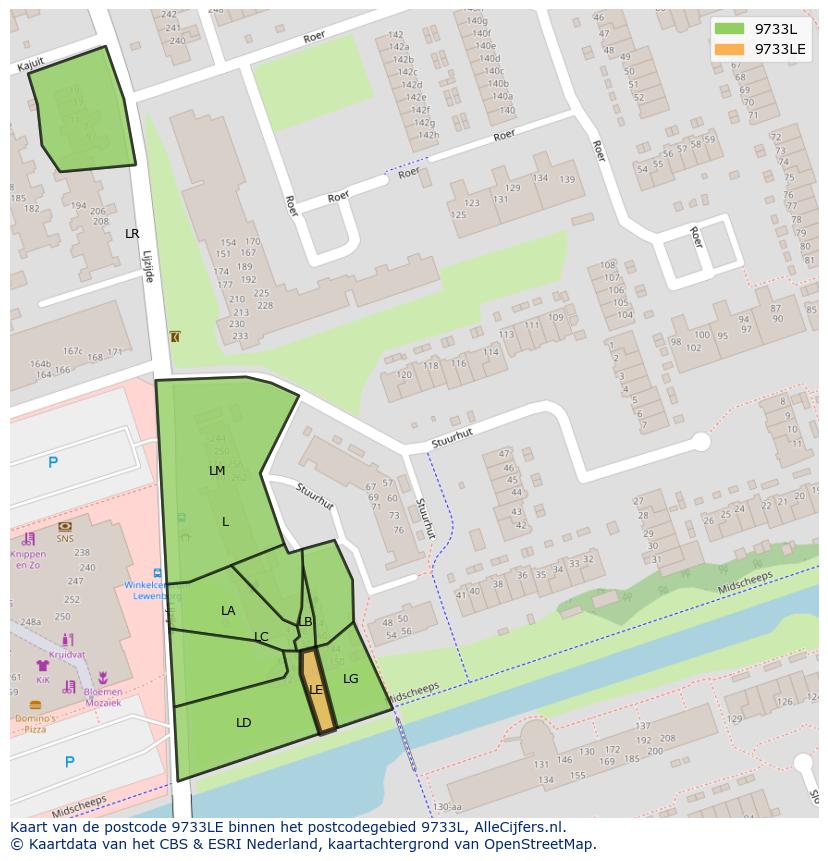 Afbeelding van het postcodegebied 9733 LE op de kaart.