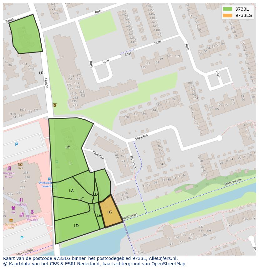 Afbeelding van het postcodegebied 9733 LG op de kaart.