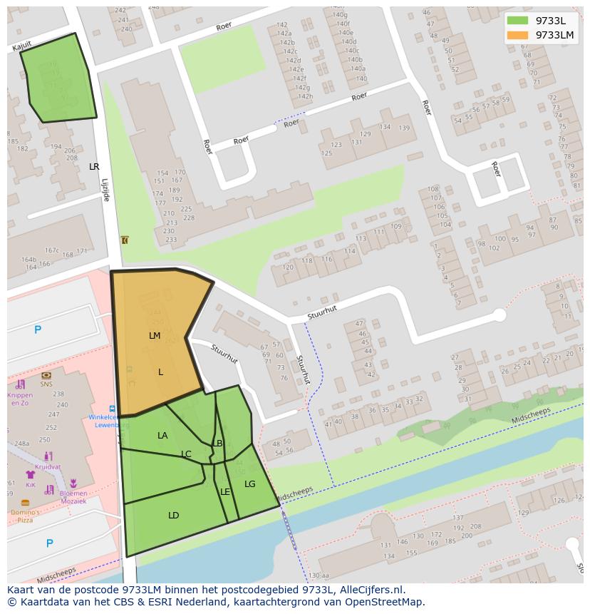 Afbeelding van het postcodegebied 9733 LM op de kaart.