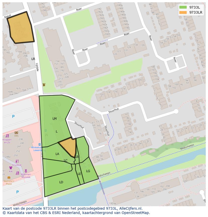 Afbeelding van het postcodegebied 9733 LR op de kaart.