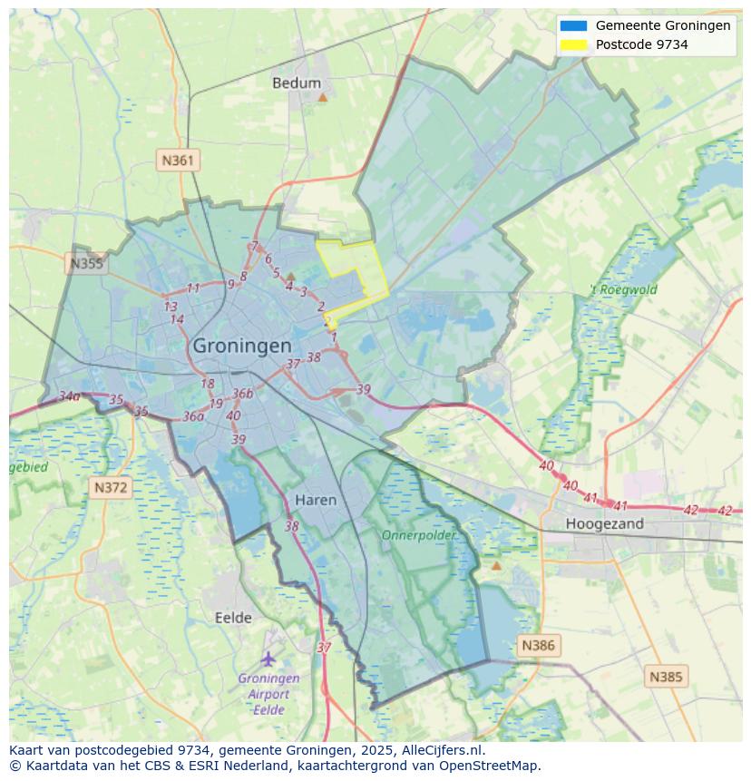 Afbeelding van het postcodegebied 9734 op de kaart.