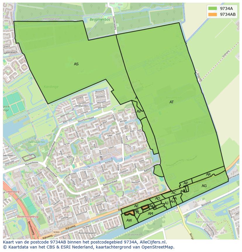 Afbeelding van het postcodegebied 9734 AB op de kaart.