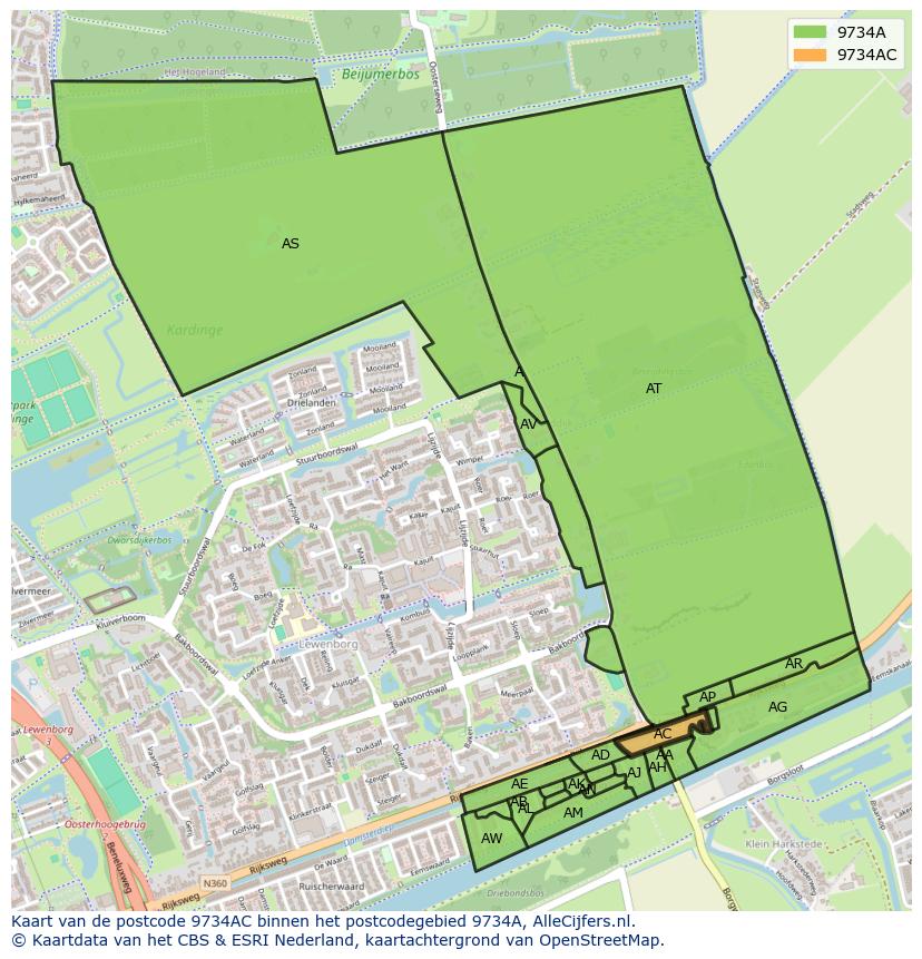 Afbeelding van het postcodegebied 9734 AC op de kaart.