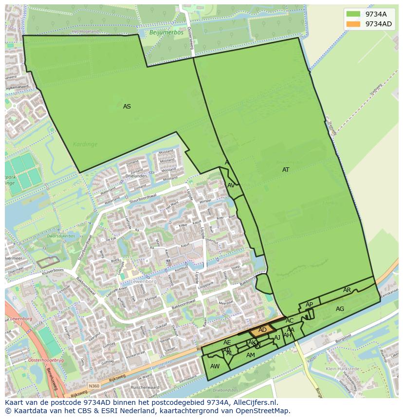 Afbeelding van het postcodegebied 9734 AD op de kaart.