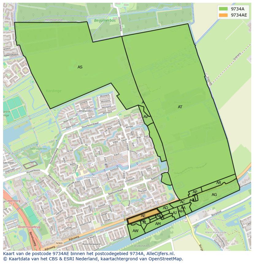 Afbeelding van het postcodegebied 9734 AE op de kaart.
