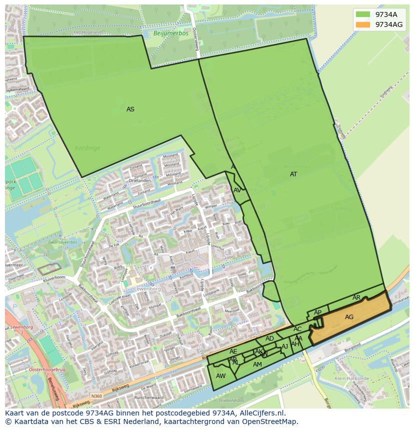 Afbeelding van het postcodegebied 9734 AG op de kaart.