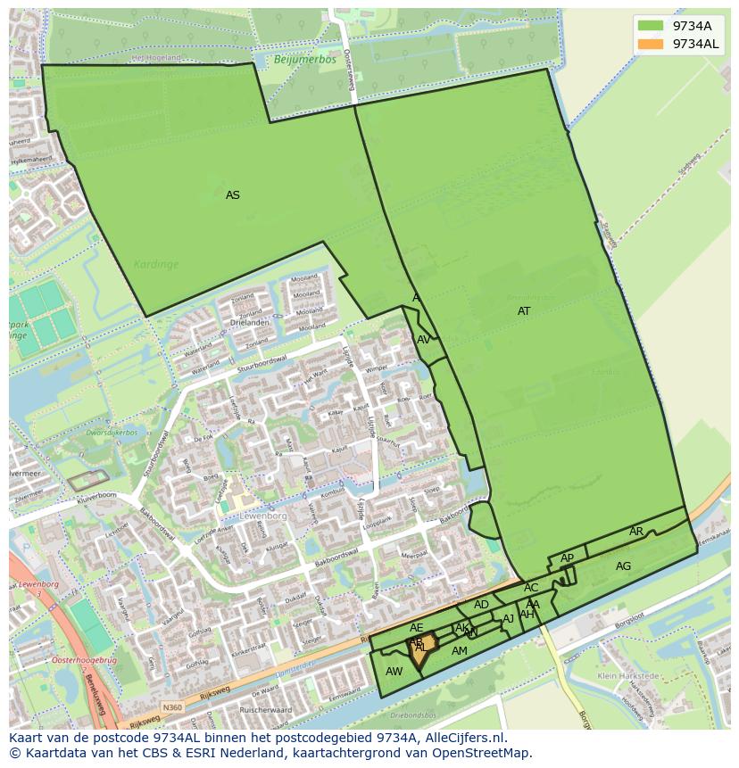 Afbeelding van het postcodegebied 9734 AL op de kaart.