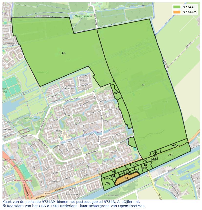 Afbeelding van het postcodegebied 9734 AM op de kaart.