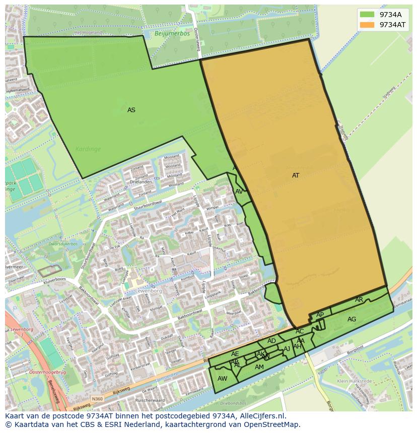 Afbeelding van het postcodegebied 9734 AT op de kaart.