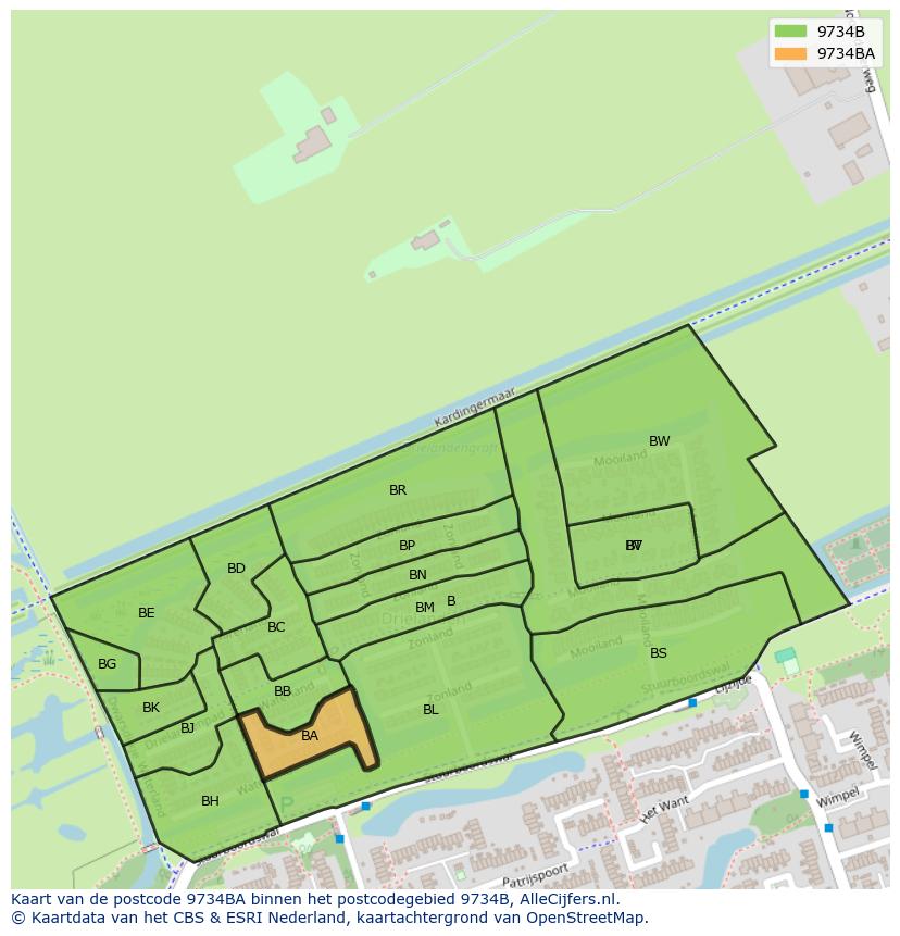 Afbeelding van het postcodegebied 9734 BA op de kaart.