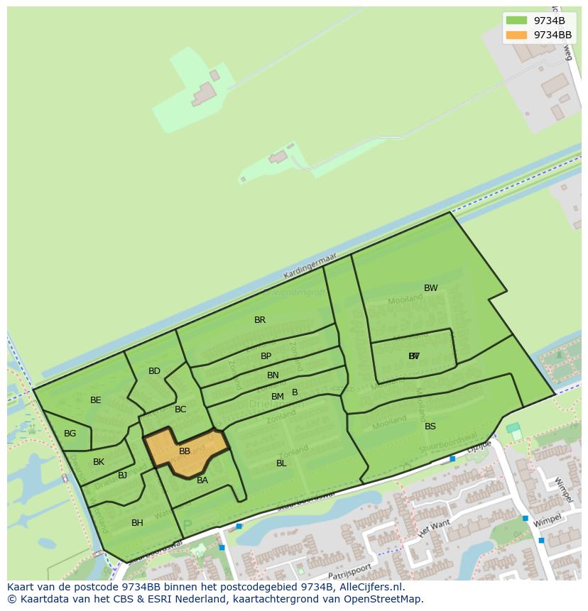 Afbeelding van het postcodegebied 9734 BB op de kaart.