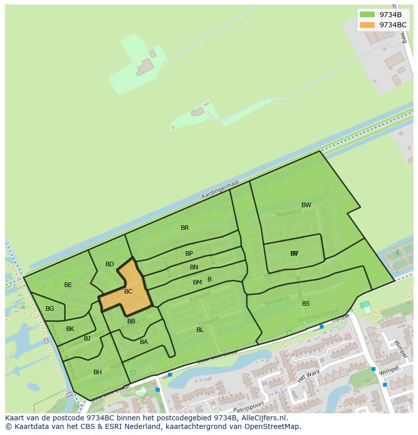 Afbeelding van het postcodegebied 9734 BC op de kaart.