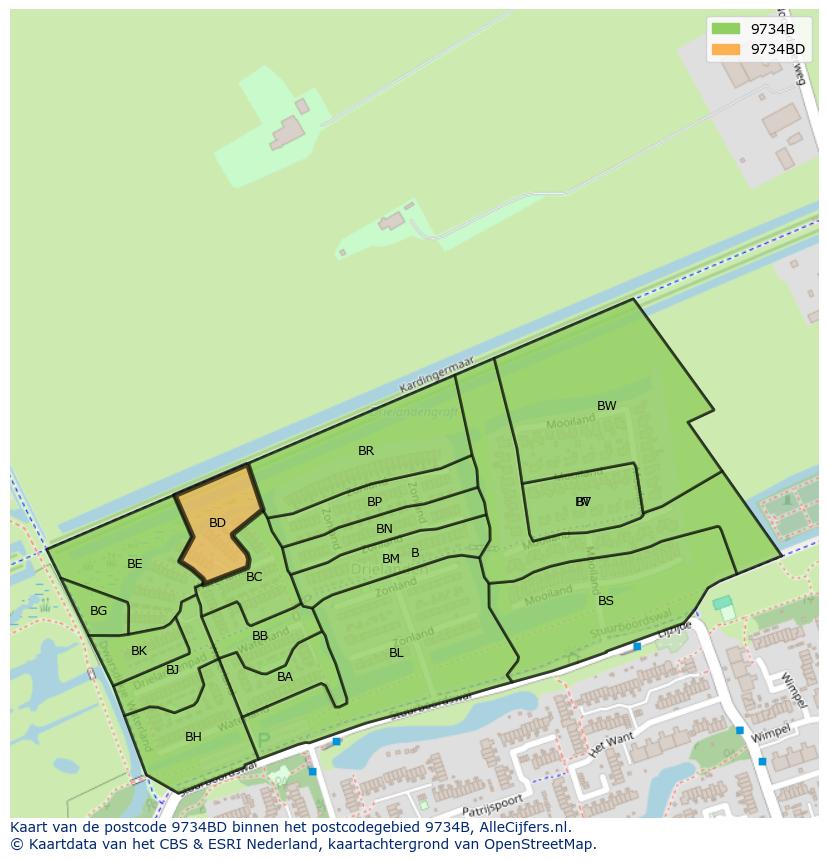 Afbeelding van het postcodegebied 9734 BD op de kaart.