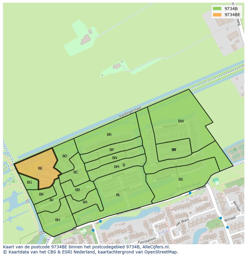 Afbeelding van het postcodegebied 9734 BE op de kaart.