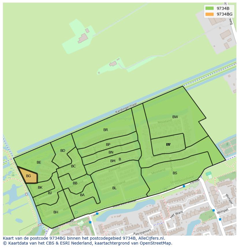 Afbeelding van het postcodegebied 9734 BG op de kaart.