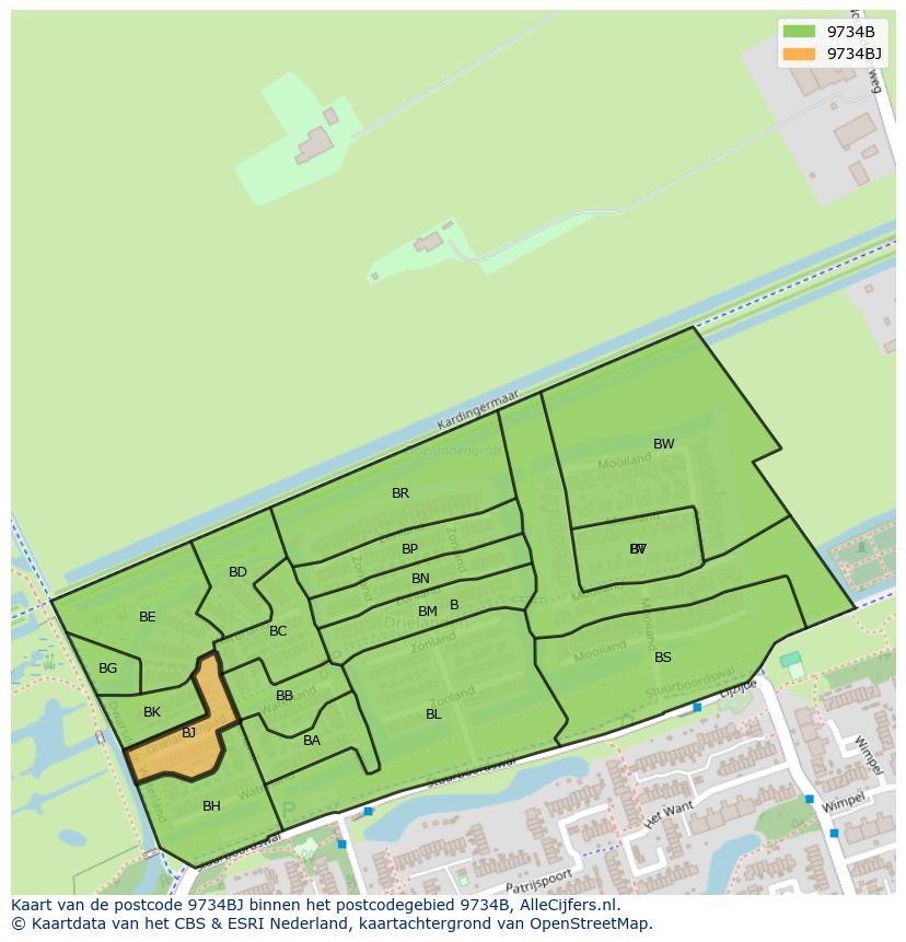 Afbeelding van het postcodegebied 9734 BJ op de kaart.