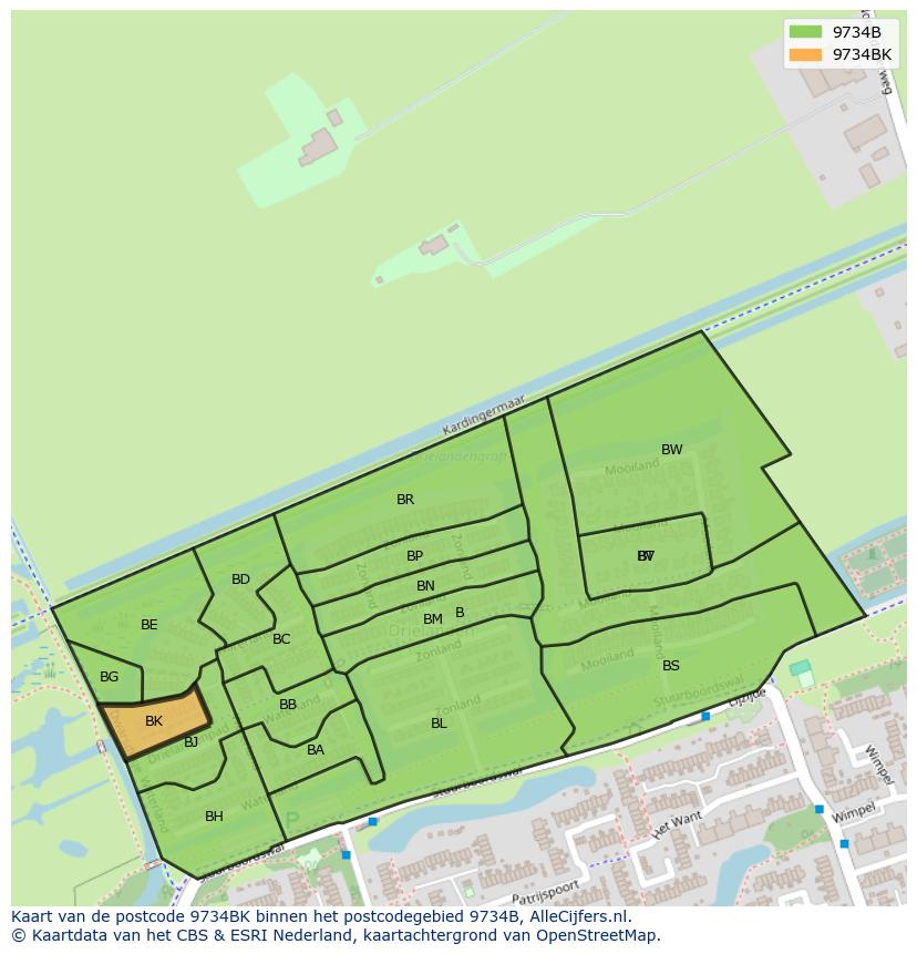 Afbeelding van het postcodegebied 9734 BK op de kaart.