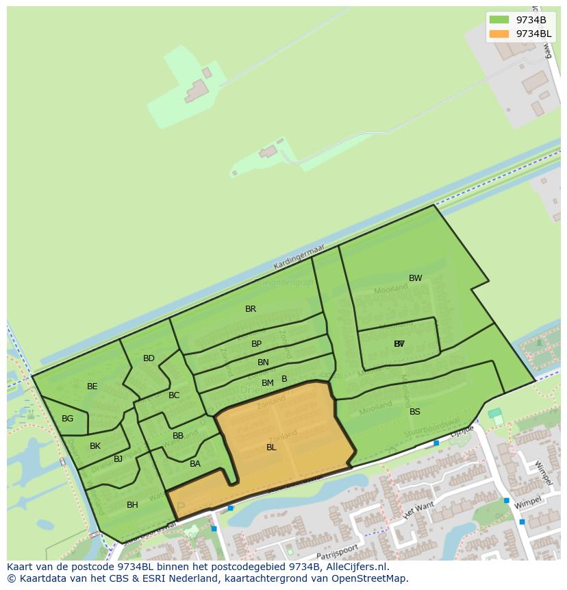 Afbeelding van het postcodegebied 9734 BL op de kaart.