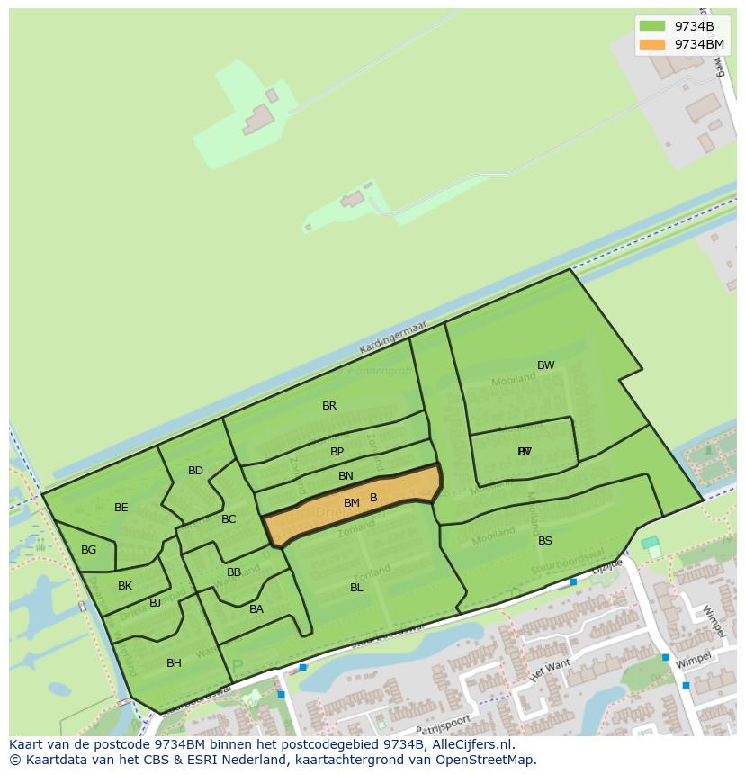 Afbeelding van het postcodegebied 9734 BM op de kaart.