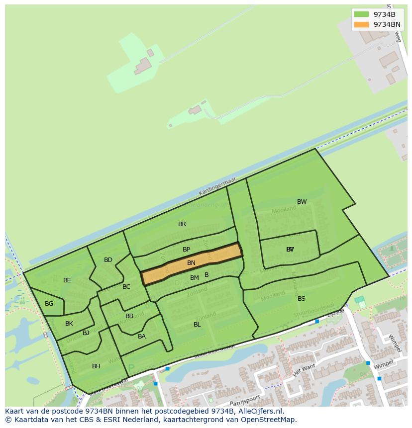 Afbeelding van het postcodegebied 9734 BN op de kaart.