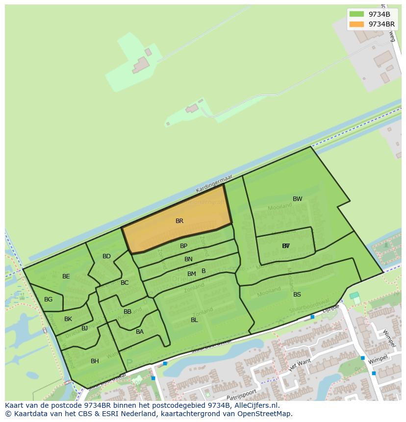 Afbeelding van het postcodegebied 9734 BR op de kaart.