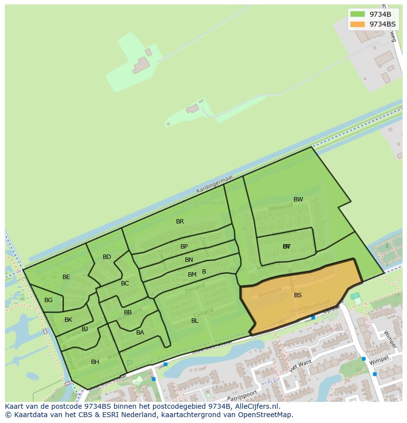 Afbeelding van het postcodegebied 9734 BS op de kaart.