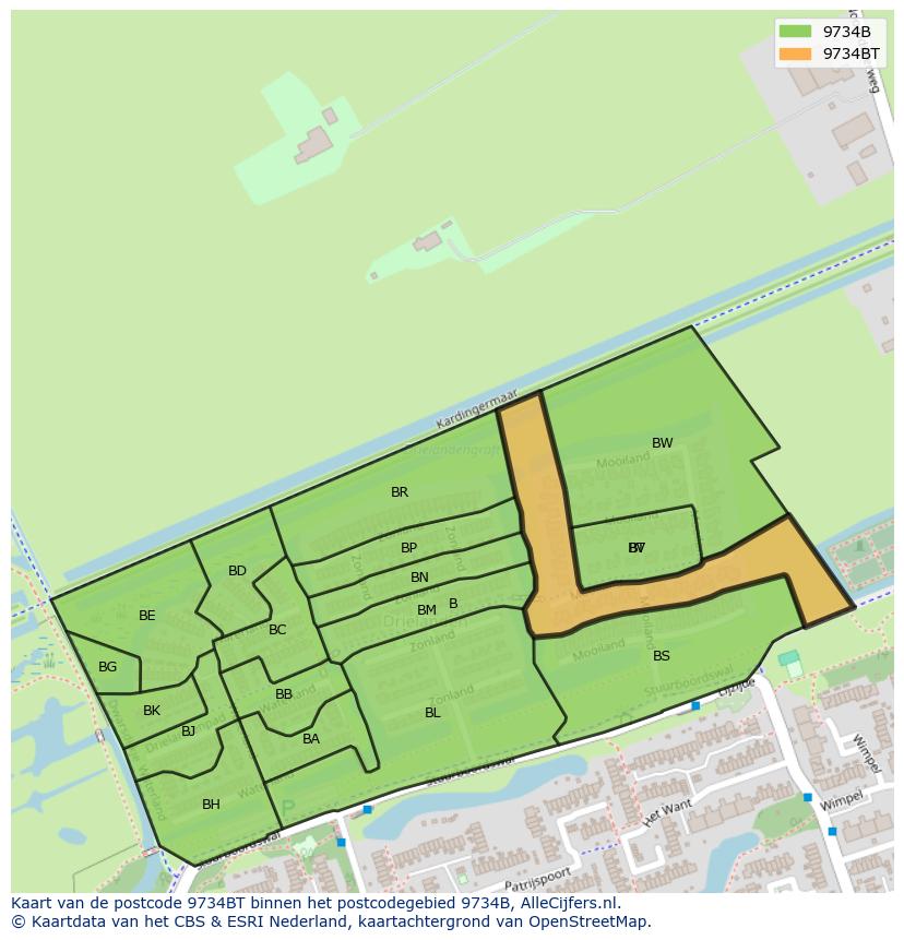 Afbeelding van het postcodegebied 9734 BT op de kaart.