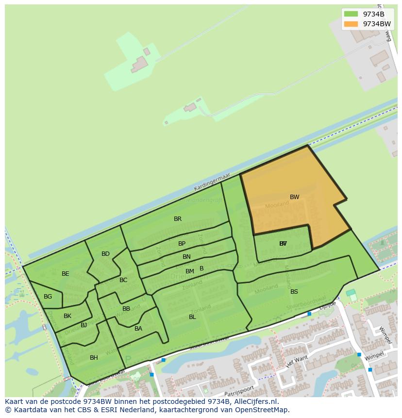 Afbeelding van het postcodegebied 9734 BW op de kaart.