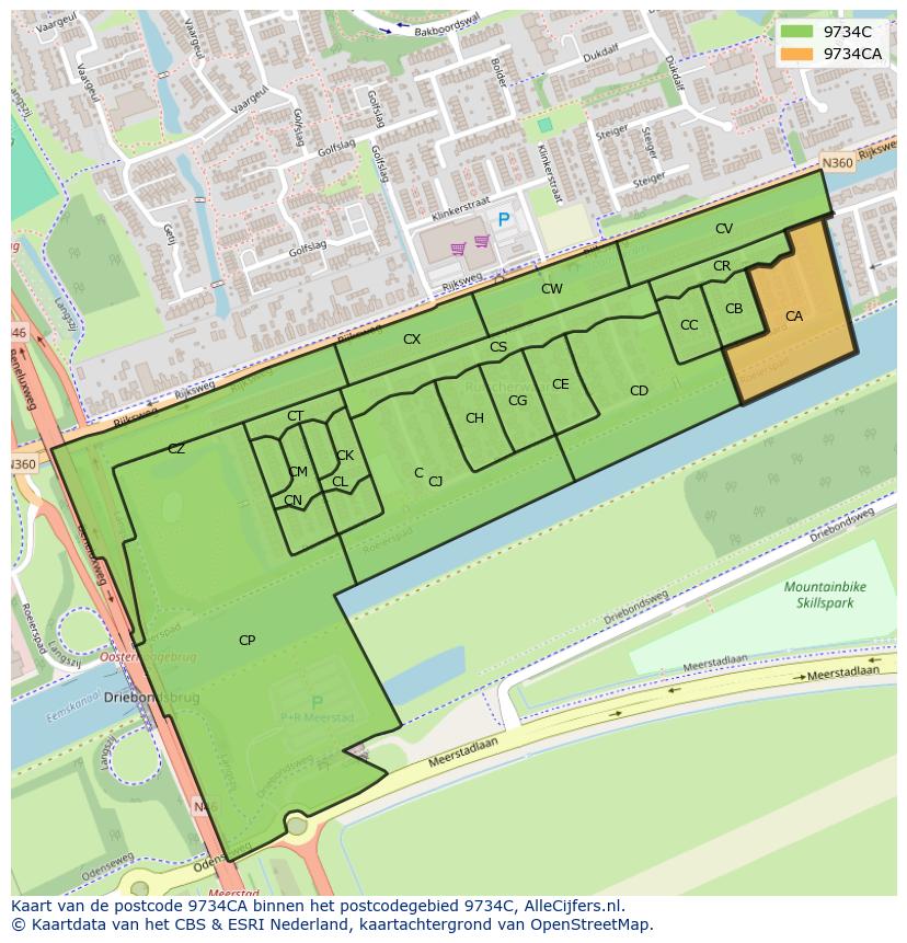 Afbeelding van het postcodegebied 9734 CA op de kaart.