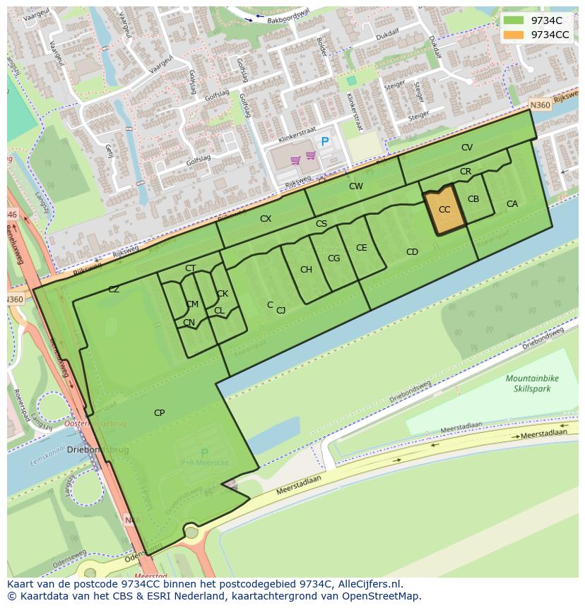 Afbeelding van het postcodegebied 9734 CC op de kaart.