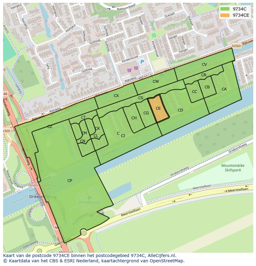 Afbeelding van het postcodegebied 9734 CE op de kaart.