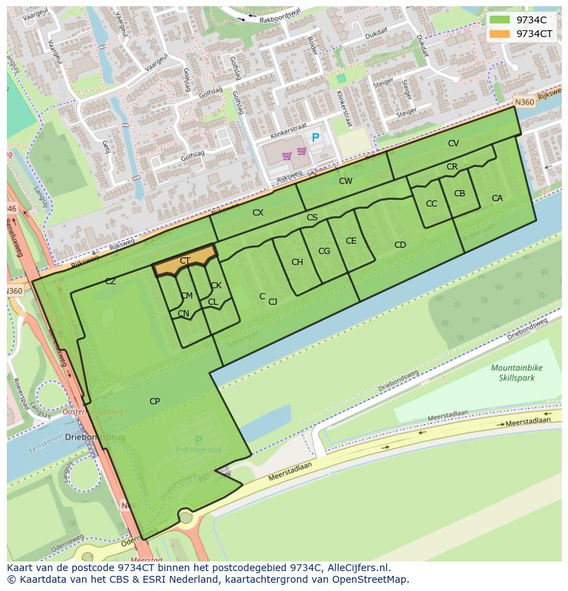 Afbeelding van het postcodegebied 9734 CT op de kaart.