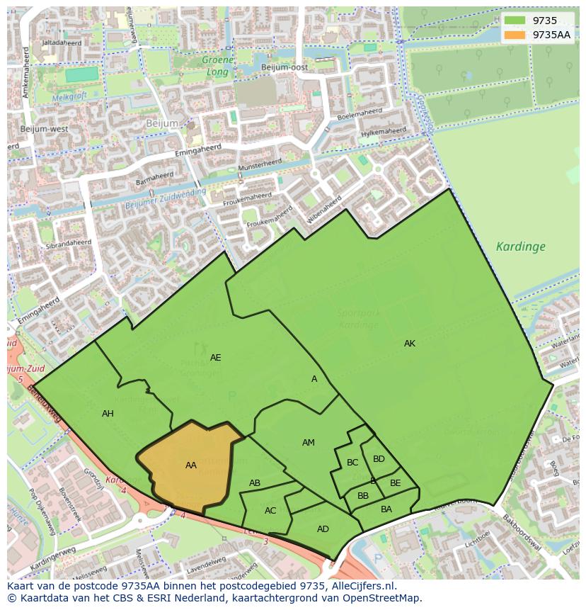Afbeelding van het postcodegebied 9735 AA op de kaart.