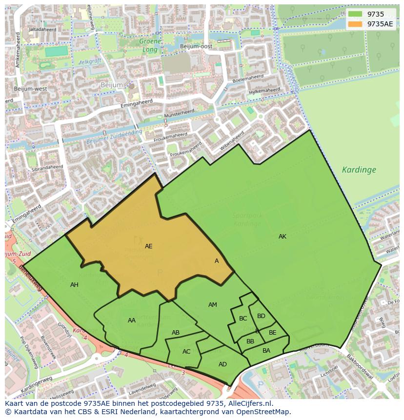 Afbeelding van het postcodegebied 9735 AE op de kaart.