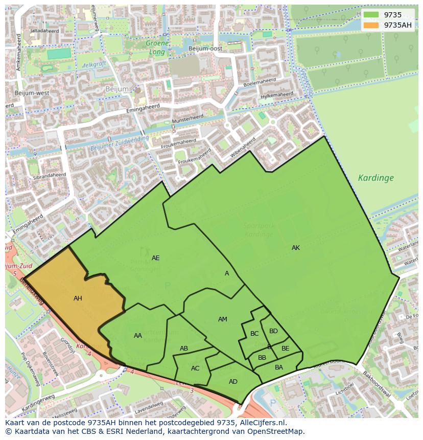 Afbeelding van het postcodegebied 9735 AH op de kaart.