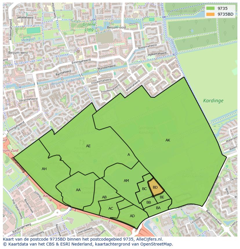 Afbeelding van het postcodegebied 9735 BD op de kaart.