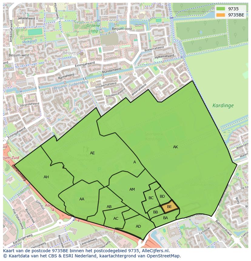 Afbeelding van het postcodegebied 9735 BE op de kaart.