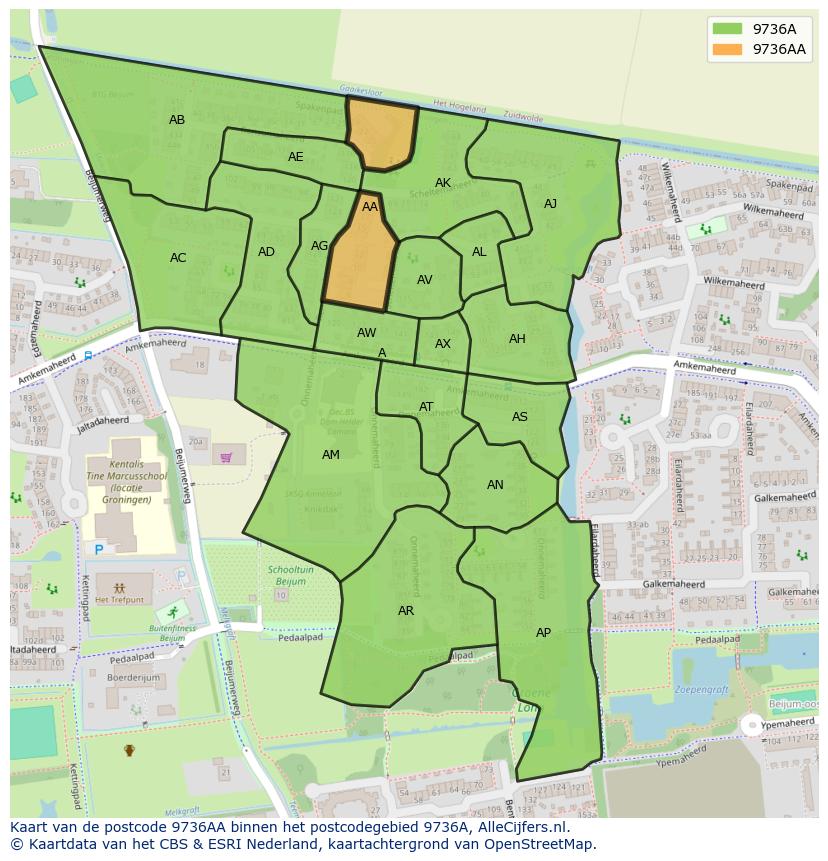 Afbeelding van het postcodegebied 9736 AA op de kaart.