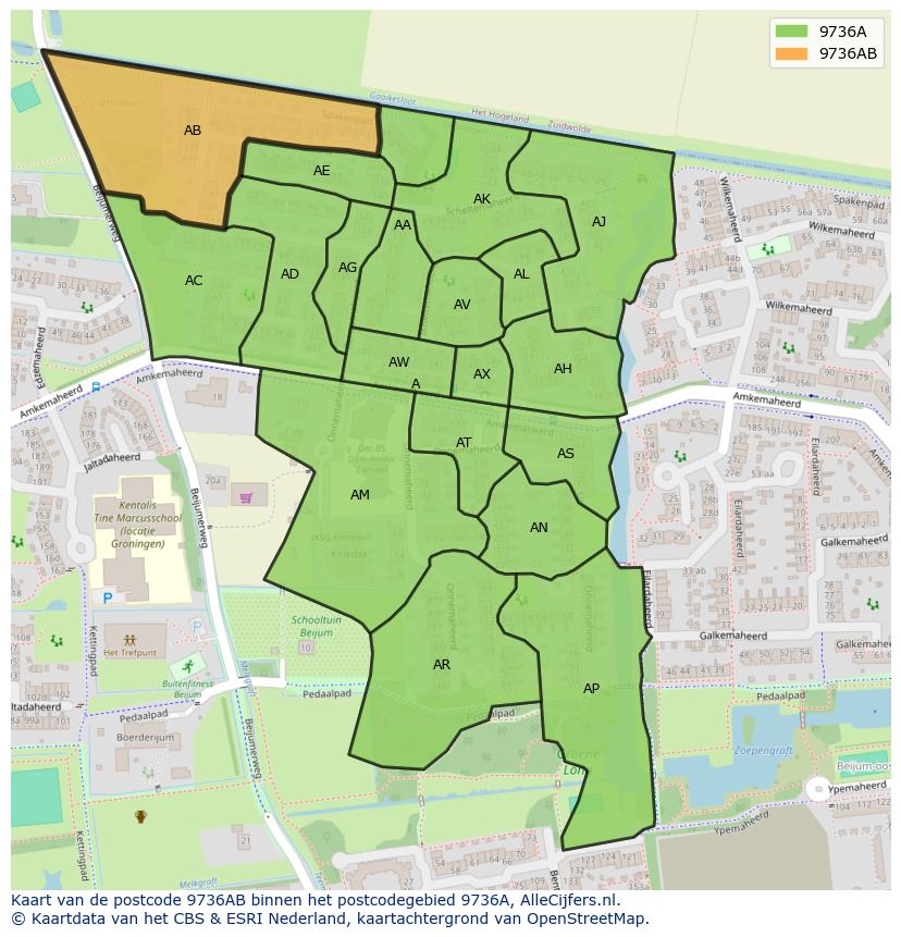 Afbeelding van het postcodegebied 9736 AB op de kaart.